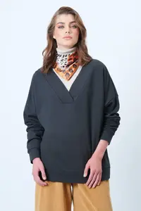 Trend Alaçatı Stili Women's anthracite V-Neck Double Breasted Oversized Sweatshirt ALC-X14555 - Image 4