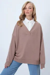Trend Alaçatı Stili Women's Biscuit V-Neck Double Breasted Oversized Sweatshirt ALC-X14555