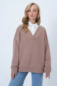 Trend Alaçatı Stili Women's Biscuit V-Neck Double Breasted Oversized Sweatshirt ALC-X14555 - Image 2