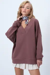 Trend Alaçatı Stili Brown V-Neck Double Breasted Oversized Sweatshirt