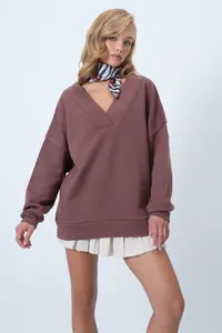 Trend Alaçatı Stili Brown V-Neck Double Breasted Oversized Sweatshirt - Image 3