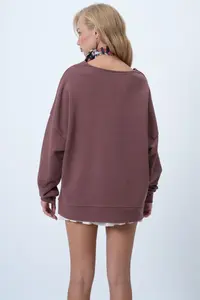 Trend Alaçatı Stili Brown V-Neck Double Breasted Oversized Sweatshirt - Image 5