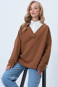 Trend Alaçatı Stili Cinnamon Brown V-Neck Double Breasted Oversized Sweatshirt - Image 2