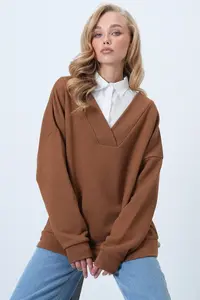 Trend Alaçatı Stili Cinnamon Brown V-Neck Double Breasted Oversized Sweatshirt - Image 3