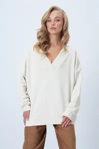 Trend Alaçatı Stili Women's Ecru V-Neck Double Breasted Oversized Sweatshirt ALC-X14555