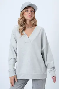 Trend Alaçatı Stili Grimelange V-Neck Double Breasted Oversized Sweatshirt - Image 2