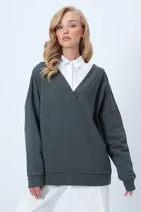 Trend Alaçatı Stili Khaki V-neck Double breasted Kesimli Oversized Sweatshirt - Image 3