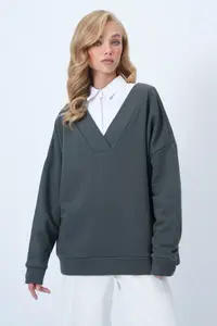 Trend Alaçatı Stili Khaki V-neck Double breasted Kesimli Oversized Sweatshirt - Image 5