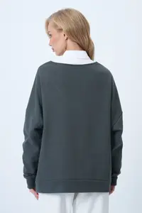 Trend Alaçatı Stili Khaki V-neck Double breasted Kesimli Oversized Sweatshirt - Image 6