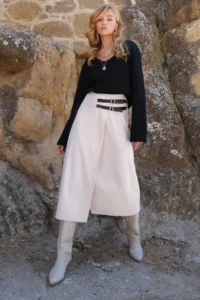 Trend Alaçatı Stili Women's Ecru Leather Wrapped Midi Length Velvet Skirt with Belt Accessories ALC-X14570