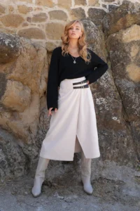 Trend Alaçatı Stili Women's Ecru Leather Wrapped Midi Length Velvet Skirt with Belt Accessories ALC-X14570 - Image 2