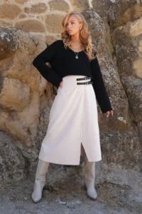 Trend Alaçatı Stili Women's Ecru Leather Wrapped Midi Length Velvet Skirt with Belt Accessories ALC-X14570 - Image 3