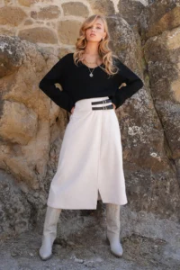 Trend Alaçatı Stili Women's Ecru Leather Wrapped Midi Length Velvet Skirt with Belt Accessories ALC-X14570 - Image 4