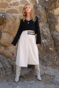 Trend Alaçatı Stili Women's Ecru Leather Wrapped Midi Length Velvet Skirt with Belt Accessories ALC-X14570 - Image 5