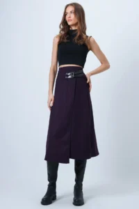 Trend Alaçatı Stili Women's Plum Leather Wrapped Cut Midi Length Velvet Skirt with Belt Accessories ALC-X14570 - Image 2