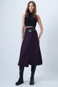 Trend Alaçatı Stili Women's Plum Leather Wrapped Cut Midi Length Velvet Skirt with Belt Accessories ALC-X14570 - Image 3