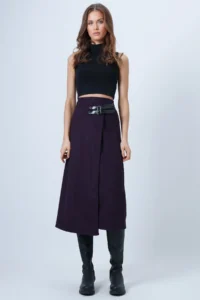 Trend Alaçatı Stili Women's Plum Leather Wrapped Cut Midi Length Velvet Skirt with Belt Accessories ALC-X14570 - Image 4