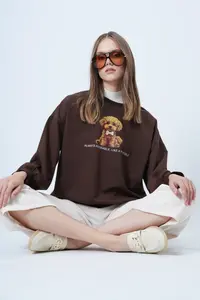 Trend Alaçatı Stili Women's Brown Front Printed Oversized Cotton Sweatshirt ALC-X14651 - Image 4