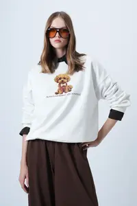 Trend Alaçatı Stili Women's Ecru Front Printed Oversized Cotton Sweatshirt ALC-X14651 - Image 5