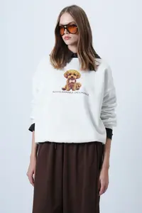 Trend Alaçatı Stili Women's Ecru Front Printed Oversized Cotton Sweatshirt ALC-X14651 - Image 6