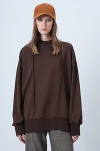 Trend Alaçatı Stili Women's Brown Stitching Detailed Oversized Design Sweatshirt ALC-X14662 - Image 3