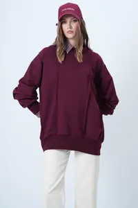 Trend Alaçatı Stili Women's Claret Red Stitching Detailed Oversized Design Sweatshirt ALC-X14662 - Image 3