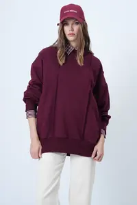 Trend Alaçatı Stili Women's Claret Red Stitching Detailed Oversized Design Sweatshirt ALC-X14662 - Image 5