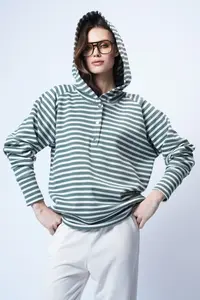 Trend Alaçatı Stili Women's Ecru Green Hooded Oversized Sweatshirt with Snap Closure ALC-X14773