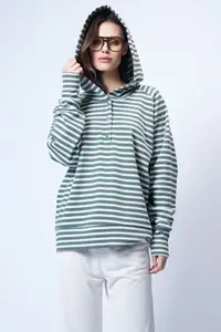 Trend Alaçatı Stili Women's Ecru Green Hooded Oversized Sweatshirt with Snap Closure ALC-X14773 - Image 2