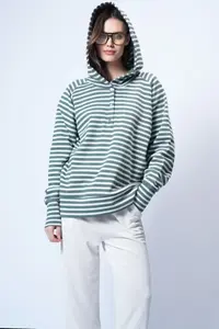 Trend Alaçatı Stili Women's Ecru Green Hooded Oversized Sweatshirt with Snap Closure ALC-X14773 - Image 3