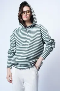 Trend Alaçatı Stili Women's Ecru Green Hooded Oversized Sweatshirt with Snap Closure ALC-X14773 - Image 4