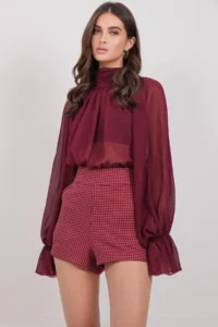 Trend Alaçatı Stili Women Burgundy Plaid Patterned Shorts ALC-X14926