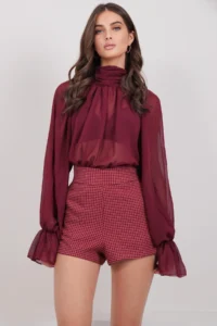 Trend Alaçatı Stili Women Burgundy Plaid Patterned Shorts ALC-X14926 - Image 2