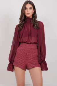 Trend Alaçatı Stili Women Burgundy Plaid Patterned Shorts ALC-X14926 - Image 3