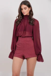 Trend Alaçatı Stili Women Burgundy Plaid Patterned Shorts ALC-X14926 - Image 4