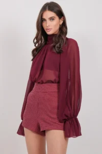 Trend Alaçatı Stili Women Burgundy Plaid Patterned Shorts ALC-X14926 - Image 5