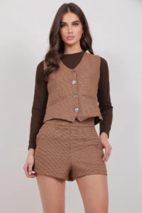 Trend Alaçatı Stili Women Tan Plaid Patterned Shorts ALC-X14926