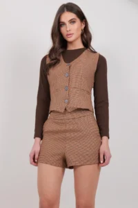 Trend Alaçatı Stili Women Tan Plaid Patterned Shorts ALC-X14926 - Image 2