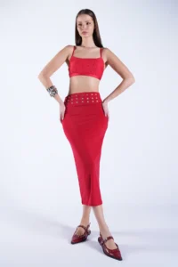 Trend Alaçatı Stili Women's Red Belt Metal Stud Detailed Pencil Skirt ALC-X15124