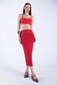 Trend Alaçatı Stili Women's Red Belt Metal Stud Detailed Pencil Skirt ALC-X15124 - Image 2