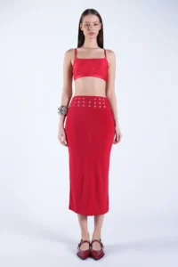 Trend Alaçatı Stili Women's Red Belt Metal Stud Detailed Pencil Skirt ALC-X15124 - Image 3