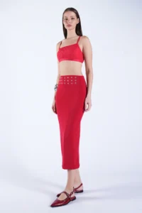 Trend Alaçatı Stili Women's Red Belt Metal Stud Detailed Pencil Skirt ALC-X15124 - Image 4