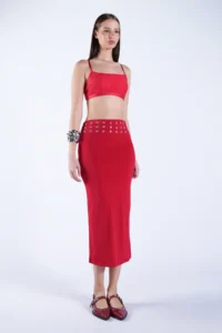 Trend Alaçatı Stili Women's Red Belt Metal Stud Detailed Pencil Skirt ALC-X15124 - Image 5