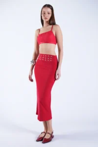 Trend Alaçatı Stili Women's Red Belt Metal Stud Detailed Pencil Skirt ALC-X15124 - Image 7