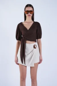 Trend Alaçatı Stili Women's Cream Wrap Cut Linen Shorts Skirt with Wooden Buckle and Hidden Zipper ALC-X15131