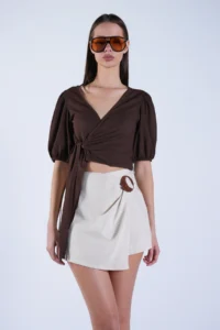 Trend Alaçatı Stili Women's Cream Wrap Cut Linen Shorts Skirt with Wooden Buckle and Hidden Zipper ALC-X15131 - Image 2
