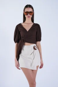 Trend Alaçatı Stili Women's Cream Wrap Cut Linen Shorts Skirt with Wooden Buckle and Hidden Zipper ALC-X15131 - Image 3