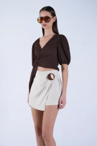 Trend Alaçatı Stili Women's Cream Wrap Cut Linen Shorts Skirt with Wooden Buckle and Hidden Zipper ALC-X15131 - Image 5