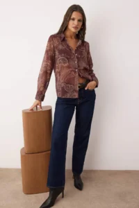 TRENDYOLMİLLA Burgundy Boho Shawl Patterned Unlined Yoryo Siphon Shirt - Image 3
