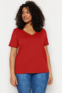Trendyol Curve Red V-neck Basic 100% Cotton Knitting T-Shirt - Image 3